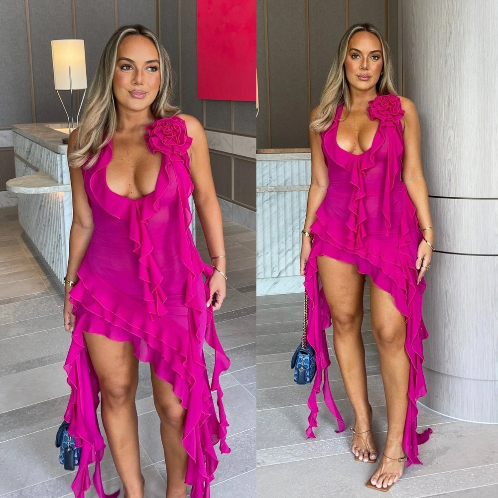 Fanci Club Dress Pink Mesh Ruffle Halter Dress Garden of Eden Size M
